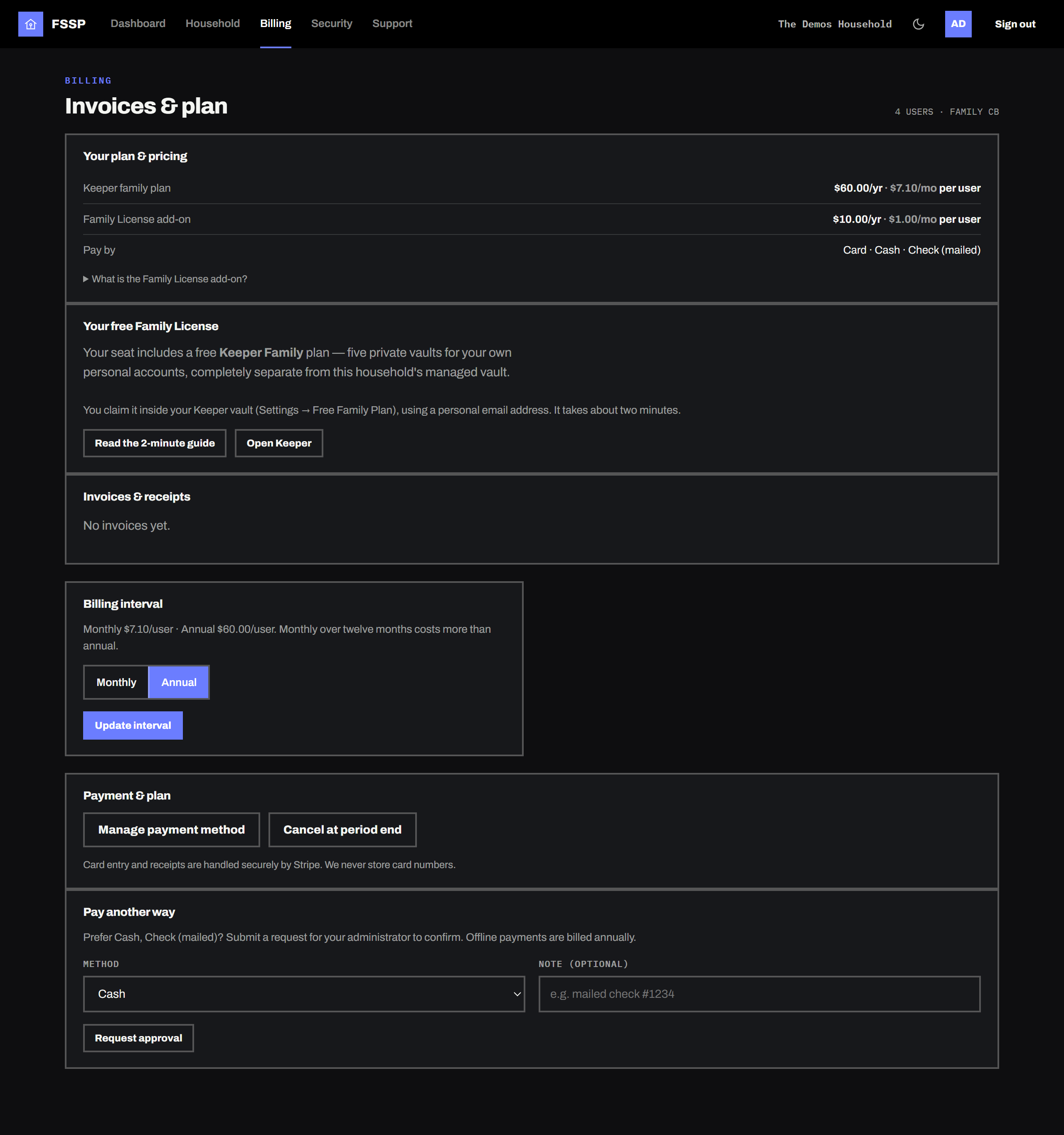 Your billing page — plan, price per person, and invoices