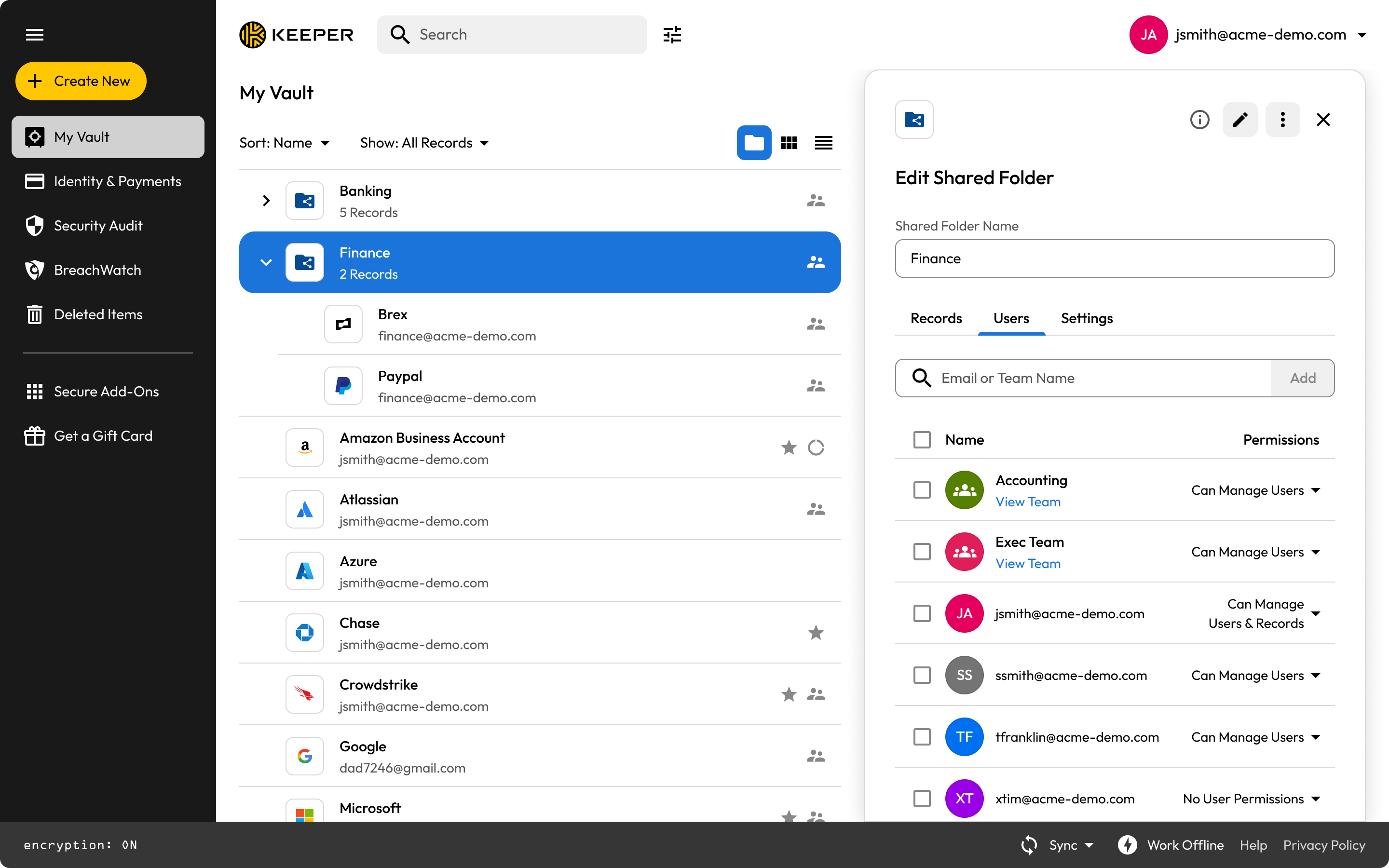 Vault — shared folder permissions