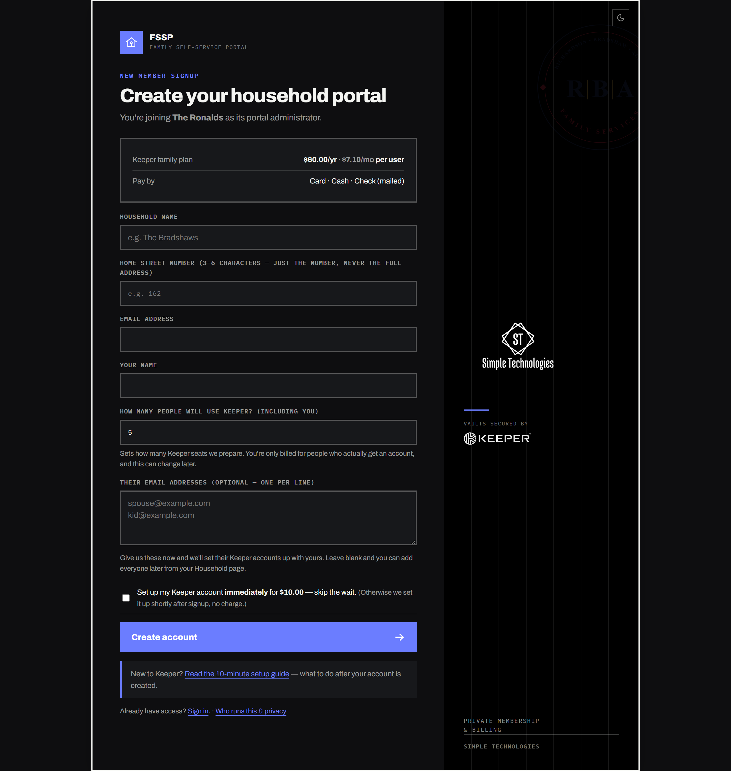 Step 1 — the signup form, showing which family you're joining