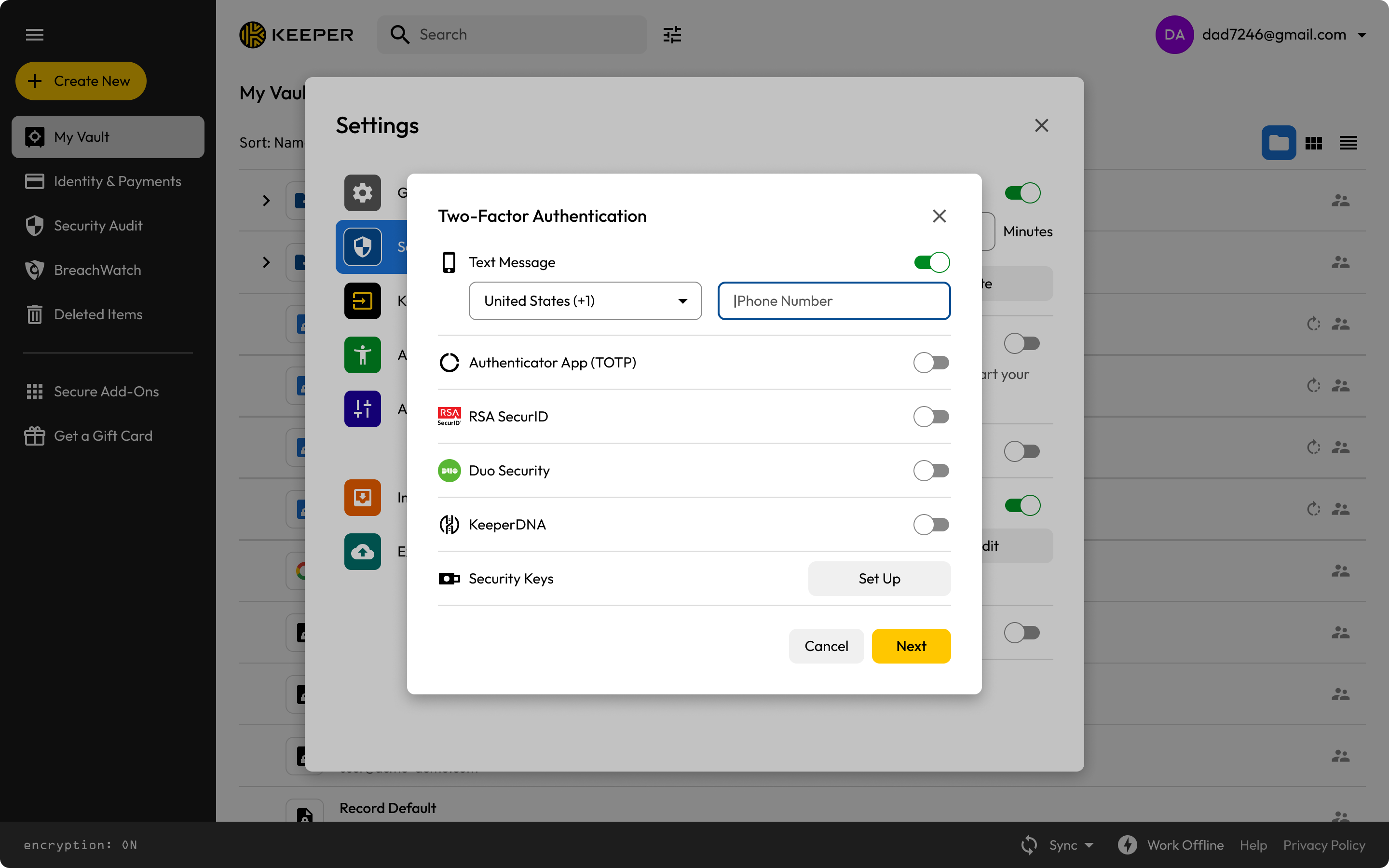 Settings — two-factor authentication